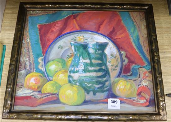 M. Selas, watercolour and gouache, Dresden still life, inscribed verso, 39 x 47cm